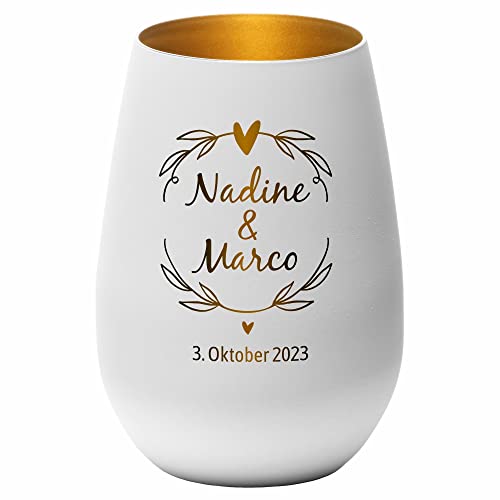 4you Design Windlicht zur Hochzeit personalisiert, Motiv Kranz 2 Namen, Datum graviert (Metall-Weiß-Gold), Hochzeitsgeschenk für das Brautpaar, Teelichthalter zur Trauung, Jahrestag, Jubiläum von 4youDesign