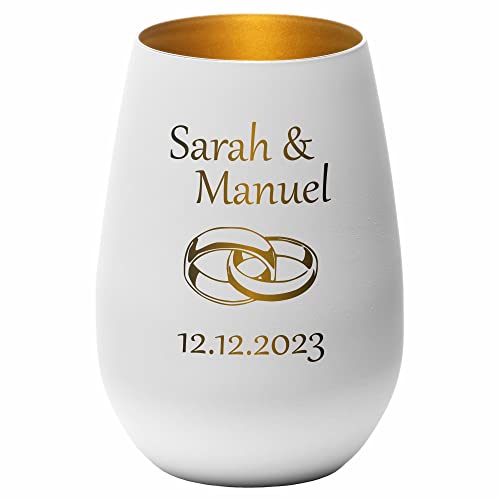 4you Design Windlicht zur Hochzeit personalisiert, Motiv Ring 2 Namen, Datum graviert (Metall-Weiß-Gold), Hochzeitsgeschenk für das Brautpaar, Teelichthalter zur Trauung, Jahrestag, Jubiläum von 4youDesign