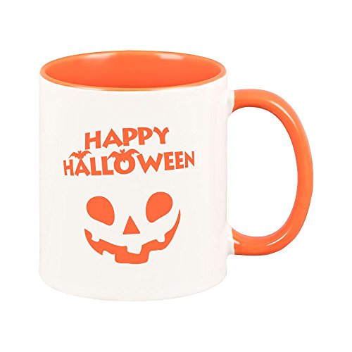 4youDesign Halloween Tasse mit orangenem Henkel Happy Halloween - Kaffeebecher - Becher - Kaffeepott - Kostüm - Halloween - Gruselparty - Horrorparty von 4youDesign