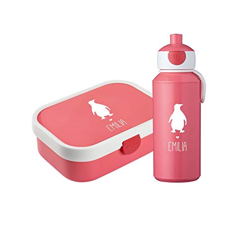 4youDesign Set: pinke Brotdose & Trinkflasche -PINGUIN Silhouette- personalisiert mit Namen – mit Bento Box, Gabel & Pop-Up Flasche – Geschenk für Kinder (Pink) von 4youDesign