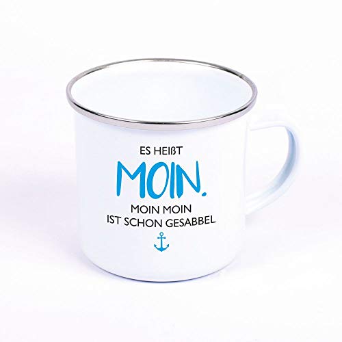 4youDesign Metalltasse Emaille Look Es heißt Moin. Moin Moin ist schon Gesabbel - weiß - spülmaschinenfest - zwei verschiedene Designs - Geschenkidee - Becher mit Spruch (Anker blau) von 4youDesign