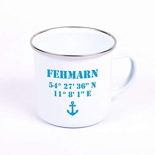 4youDesign Metalltasse Emaille-Look Fehmarn - Koordinaten Tasse Emaille-Look Metall Fehmarn Küste Meer Koordinaten von 4youDesign