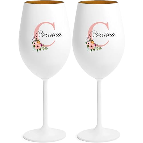 4youDesign | Personalisiertes Weinglas (2 Stck.) in Weiß mit goldener Innenbeschichtung – Glas mit Name & Blumen-Monogramm mit Wunschname – Geschenkidee zur Hochzeit, Geburtstag oder Mädelsabend von 4youDesign