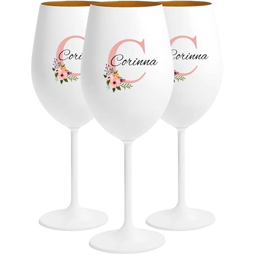 4youDesign | Personalisiertes Weinglas (3 Stck.) in Weiß mit goldener Innenbeschichtung – Glas mit Name & Blumen-Monogramm mit Wunschname – Geschenkidee zur Hochzeit, Geburtstag oder Mädelsabend von 4youDesign