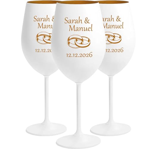 4youDesign | Personalisiertes Weinglas (3 Stck.) in Weiß mit goldener Innenbeschichtung – Gravur mit Namen, Ringen & Datum – Geschenk zur Hochzeit oder zum Jahrestag von 4youDesign