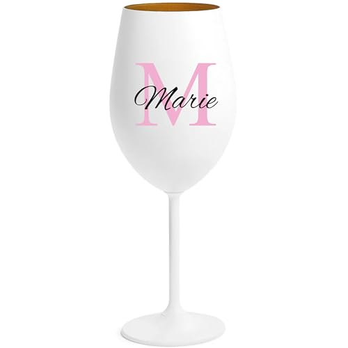 4youDesign | Personalisiertes Weinglas in Weiß mit goldener Innenbeschichtung – Glas mit Name & Monogramm mit Wunschname – Geschenkidee zur Hochzeit, Geburtstag oder Mädelsabend von 4youDesign