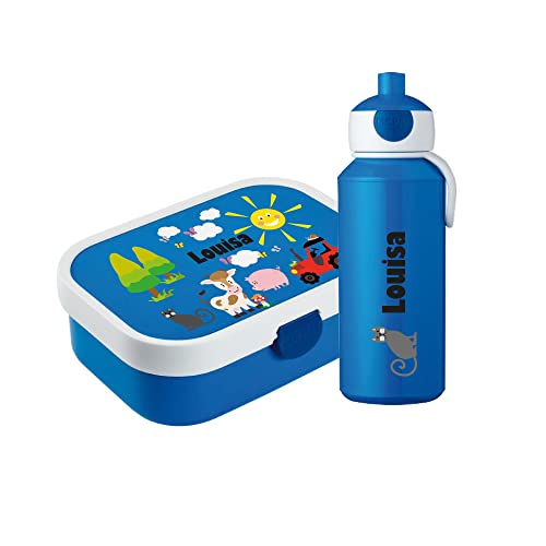 4youDesign SET: blaue Brotdose mit Fächern & Trinkflasche -Bauernhof- personalisiert mit Namen I Campus mit Bento-Box & Gabel Jungen & Mädchen von 4youDesign