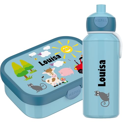 4youDesign SET: blaue Brotdose mit Fächern & Trinkflasche -Bauernhof- personalisiert mit Namen I Campus mit Bento-Box & Gabel Jungen & Mädchen (Cool Blue) von 4youDesign