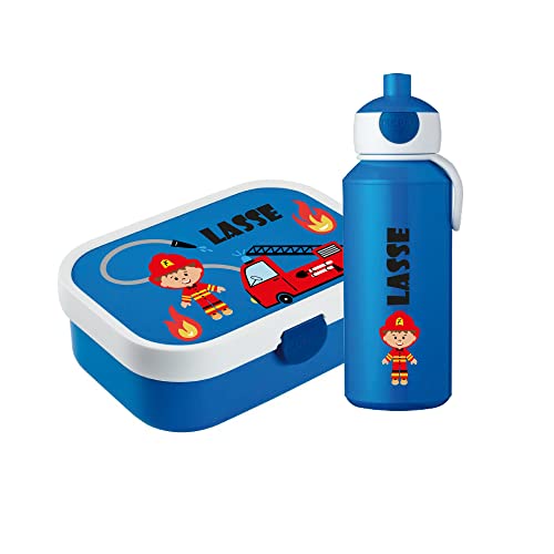 4youDesign SET: blaue Brotdose mit Fächern & Trinkflasche -Feuerwehr- personalisiert mit Namen I Campus mit Bento-Box & Gabel Jungen & Mädchen von 4youDesign