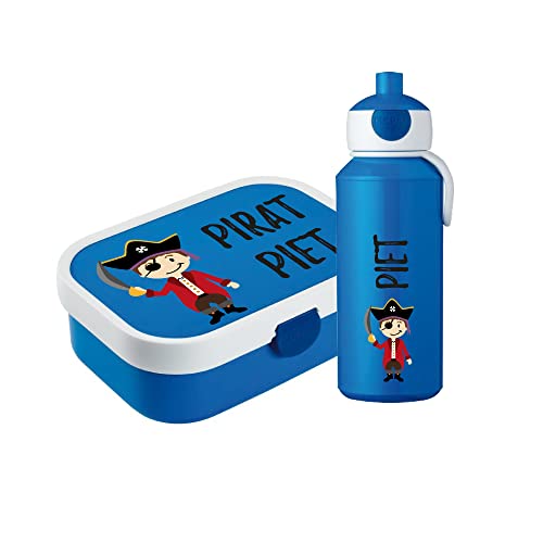 4youDesign SET: blaue Brotdose mit Fächern & Trinkflasche -Pirat- personalisiert mit Namen I Campus mit Bento-Box & Gabel I für Jungen & Mädchen von 4youDesign