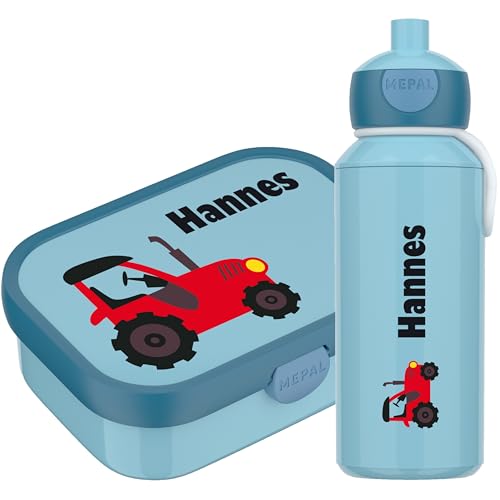 4youDesign SET: blaue Brotdose mit Fächern &Trinkflasche -Trecker- personalisiert mit Namen I Campus mit Bento-Box & Gabel für Jungen & Mädchen, Traktor (Cool Blue) von 4youDesign