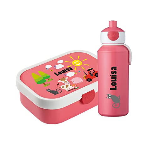 4youDesign SET: rosa Brotdose mit Fächern & Trinkflasche -Bauernhof- personalisiert mit Namen I Campus mit Bento-Box & Gabel Jungen & Mädchen von 4youDesign