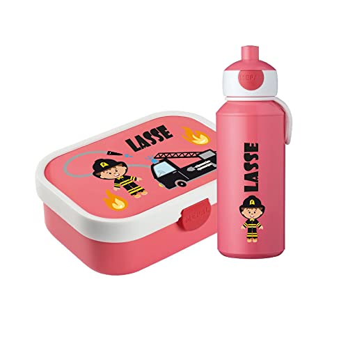 4youDesign SET: rosa Brotdose mit Fächern & Trinkflasche -Feuerwehr- personalisiert mit Namen I Campus mit Bento-Box & Gabel Jungen & Mädchen von 4youDesign