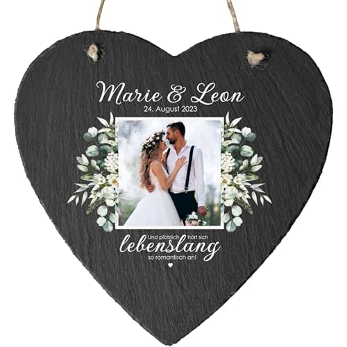 4youDesign | Schieferherz zur Hochzeit „Lebenslang mit Wunschfoto“ – personalisierbar mit Namen & Datum – liebevolles Geschenk aus echter Schieferplatte für Brautpaare & Hochzeitsfeiern von 4youDesign