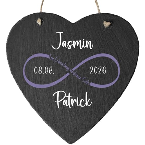 4youDesign | Schieferherz zur Hochzeit „Unendlichkeitszeichen & Ein Leben lang“ – personalisierbar mit Namen & Datum – liebevolles Geschenk aus echtem Schiefer für Brautpaare & Hochzeiten von 4youDesign