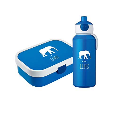 4youDesign Set: blaue Brotdose & Trinkflasche -ELEFANT Silhouette- personalisiert mit Namen – inkl. Bento Box, Gabel & Pop-Up Flasche, Geschenk für Kinder (Blau) von 4youDesign