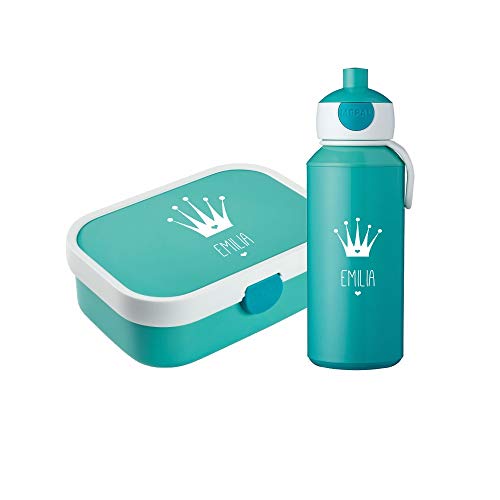 4youDesign Set: türkise Brotdose & Trinkflasche -KRONE Silhouette- personalisiert mit Namen, mit Bento Box, Gabel & Pop-Up Flasche – Geschenk für Kinder (Türkis) von 4youDesign
