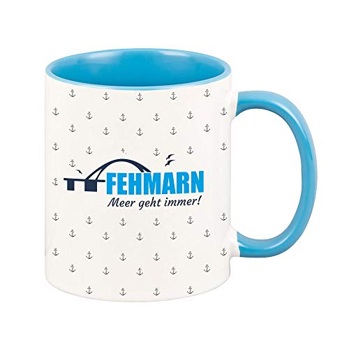 4youDesign Tasse Fehmarn - Meer geht Immer! - Kaffeetasse - Kaffeebecher - Küste - Meer - Strand - Brücke - Anker - Blau- Weiß von 4youDesign