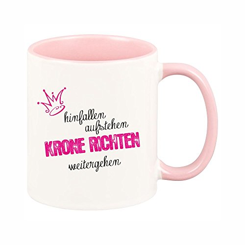 4youDesign Tasse mit farbigem Henkel Hinfallen - aufstehen - Krone richten - weitergehen - Kaffeebecher - Geschenkidee - Geschenk für Frauen - Krone - Prinzessin - für sie (rosa) von 4youDesign