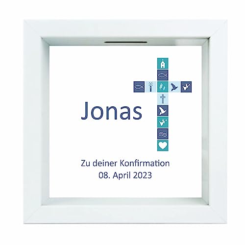 Bilderrahmen-Spardose -blaues Kreuz Motiv, Konfirmation- personalisiert mit Namen & Datum - Geschenk zur Konfirmation - 3D-Sparbüchse als Geldgeschenk von 4youDesign
