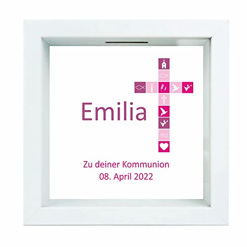 Bilderrahmen-Spardose -pinkes Kreuz Motiv, Kommunion- personalisiert mit Namen & Datum - Geschenk zur Kommunion - 3D-Sparbüchse als Geldgeschenk von 4youDesign