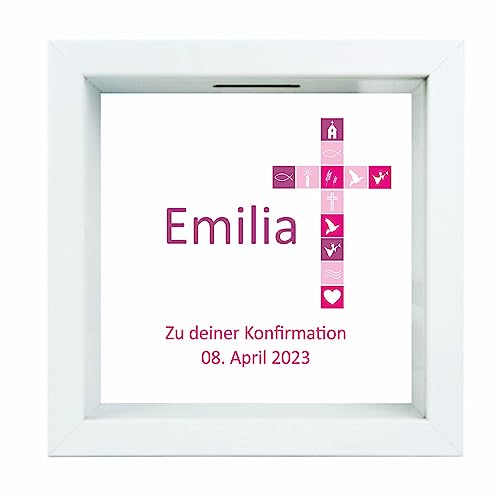 Bilderrahmen-Spardose -pinkes Kreuz Motiv, Konfirmation- personalisiert mit Namen & Datum - Geschenk zur Konfirmation - 3D-Sparbüchse als Geldgeschenk von 4youDesign