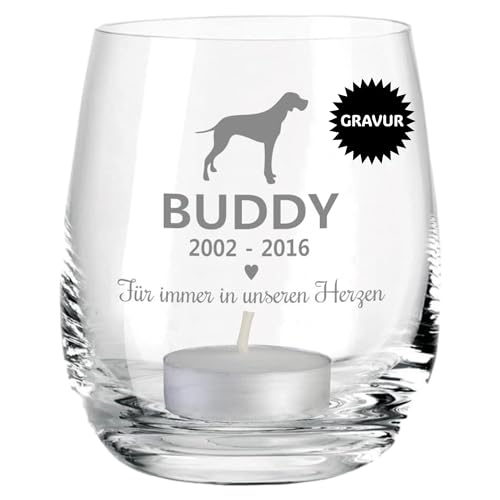 Glas-Windlicht -Für Immer in unseren Herzen- Trauer Deko Geschenk als Andenken an den Hund I personalisiert mit dem Namen des Haustiers von 4youDesign
