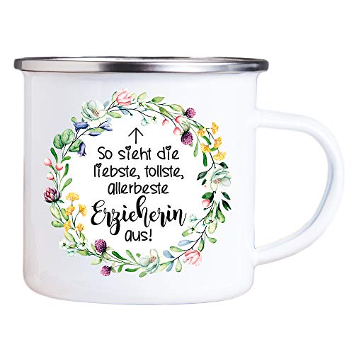 Metall-TASSE -tollste Erzieherin- (Kranz) – Geschenkidee für sie Kindergarten Abschied Danke Geschenk zu Ostern Geburtstag Weihnachten (Emaille) von 4youDesign