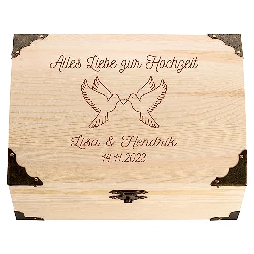 4youDesign Schatztruhe zur Hochzeit mit Gravur Namen und Datum, Motiv Tauben, Geldgeschenk für Brautpaar, Schöne Verpackung, Geschenkidee für Hochzeitspaare von 4youDesign