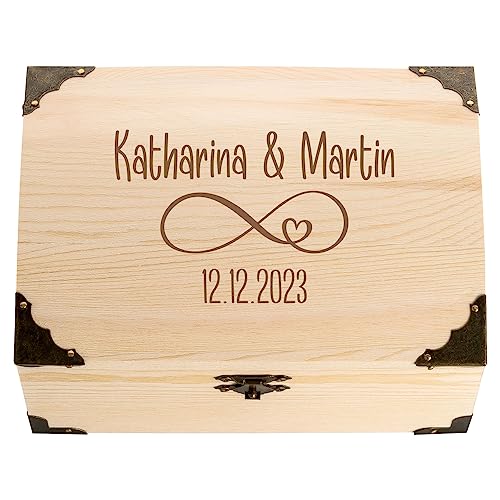 4youDesign Holzkiste, Schatztruhe zur Hochzeit mit Gravur – Motiv Infinity 2 Namen & Datum – Hochzeitsgeschenk für Brautpaar – Perfekt als Verpackung oder Geldgeschenk – L18xB13xH10cm von 4youDesign