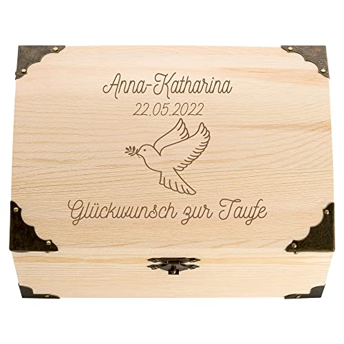 4youDesign Schatztruhe zur Taufe mit persönlicher Gravur – Motive Taube – personalisiertes Geldgeschenk mit Name & Datum – Erinnerungsbox (Taube) von 4youDesign