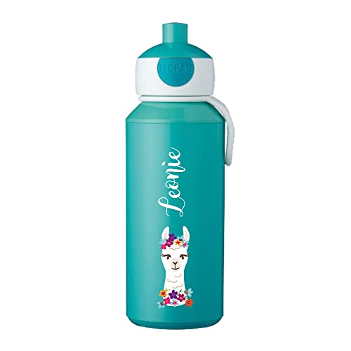 4youDesign türkise Trinkflasche -Blumen-Lama- personalisiert mit Namen I Campus mit Bento-Box & Gabel I für Jungen & Mädchen von 4youDesign