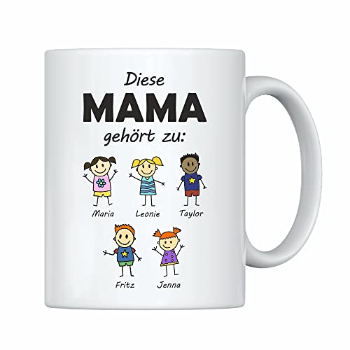 weiße Tasse -Diese Mama gehört zu- Geschenk für Eltern– Personalisiert mit allen Kindern – Kaffeebecher mit Spruch Für Mama zum Muttertag von 4youDesign