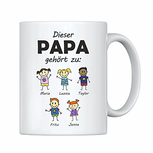 weiße Tasse -Dieser Papa gehört zu- Geschenk für Eltern– Personalisiert mit allen Kindern – Kaffeebecher mit Spruch Für Papa zum Vatertag von 4youDesign