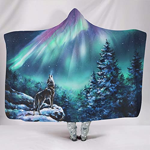 501 Fantasy Wolf Schnee Aurora Borealis Kapuzen-Decke Couch Decke Langlebig Überwurfdecke Soft Sofa Decke Für Reisen Bett Sessel von 501