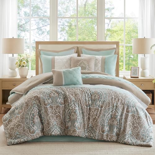 510 DESIGN Luxe Gestepptes Bettwäsche-Set, modernes Übergangsdesign, alle Jahreszeiten, Daunen-Alternative, warme Bettwäsche, passende Kissenbezüge, Bettrock, dekoratives Kissen, King-Size-Bett, Shawnee Scrollwork Seafoam von 510 DESIGN