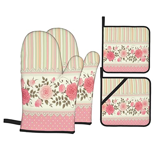 527 Handschuhe Und Topflappen-Set Rosa Blumen-Polka-Punkt Gestreiftes Kombiniertes Shabby Blumen-Spitze Topflappen Universalgröße Ofenhandschuhe Set Mit Aufhängeschlaufe Topfhandschuhe Für Küche von 527