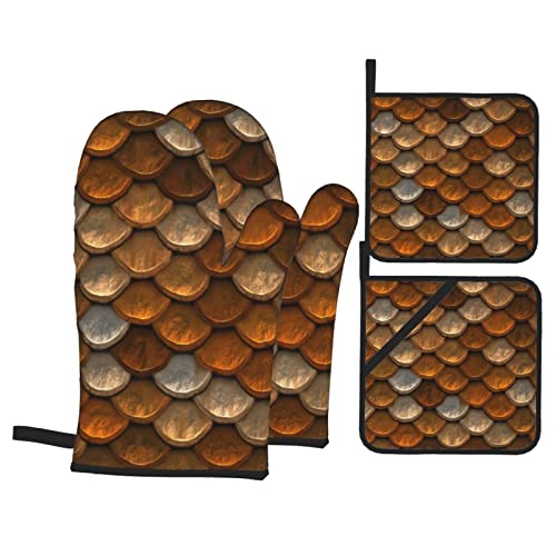 Handschuhe Und Topflappen-Set, Design Mit Braunen Und Kupferfarbenen Schuppenmustern Topfhandschuhe Hitzebeständig Ofenhandschuhe rutschfest Ofenhandschuhe Set Für Kitchen Kochen Backen von 527