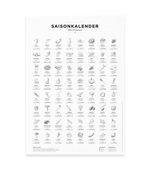 531 Rheinland Design Saisonkalender Obst & Gemüse, Poster/Plakat in SW, Küchendeko von 531 Rheinland Design