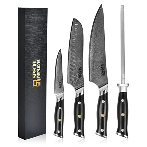 Damast Küchenmesser Set Scharf (11, 19, 21 cm) mit Diamant Messerschärfer - Damastmesser - Kochmesser Profi Messer - 67 Lagen Damaststahl - Japanisches Messer - Messerset mit Geschenkbox von 57 SPECIAL REPLICAS