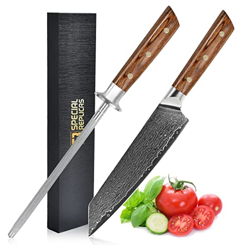 Damast Küchenmesser Scharf (20 cm) mit Diamant Messerschärfer - Damastmesser - Kochmesser Profi Messer - 67 Lagen Damaststahl - Japanisches Messer, Schneidemesser mit Geschenkbox - Chef Knife von 57 SPECIAL REPLICAS