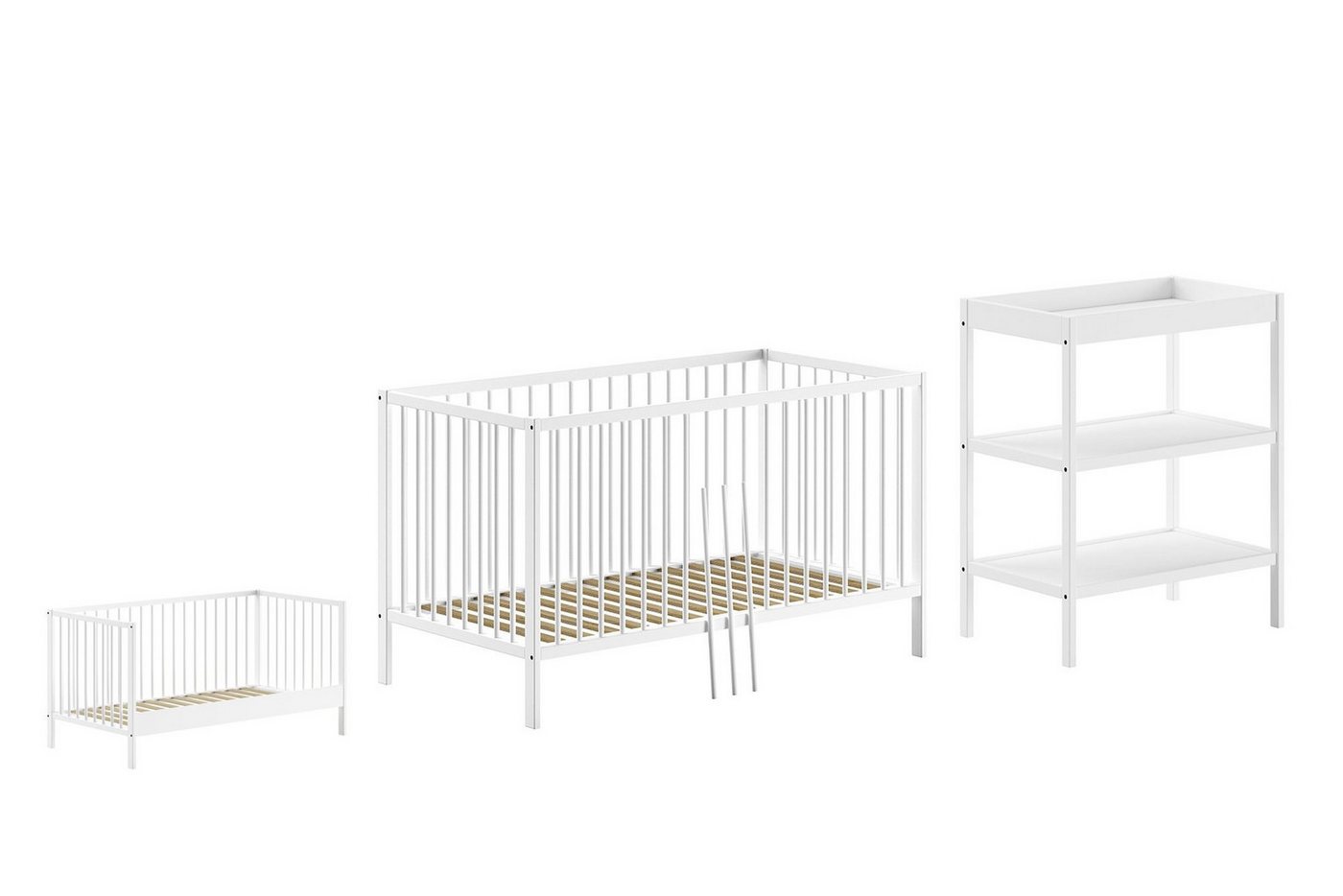 58 aufm Kessel Babymöbel-Set Babyzimmer Set Kara-lynn 5 Komplettset Massivholz Buche Weiß, (inkl. Versand, Lieferung bis Verwendungsstelle), Babybett, Lattenrost, Bettseite für Junior-Bett, Beistellregal von 58 aufm Kessel