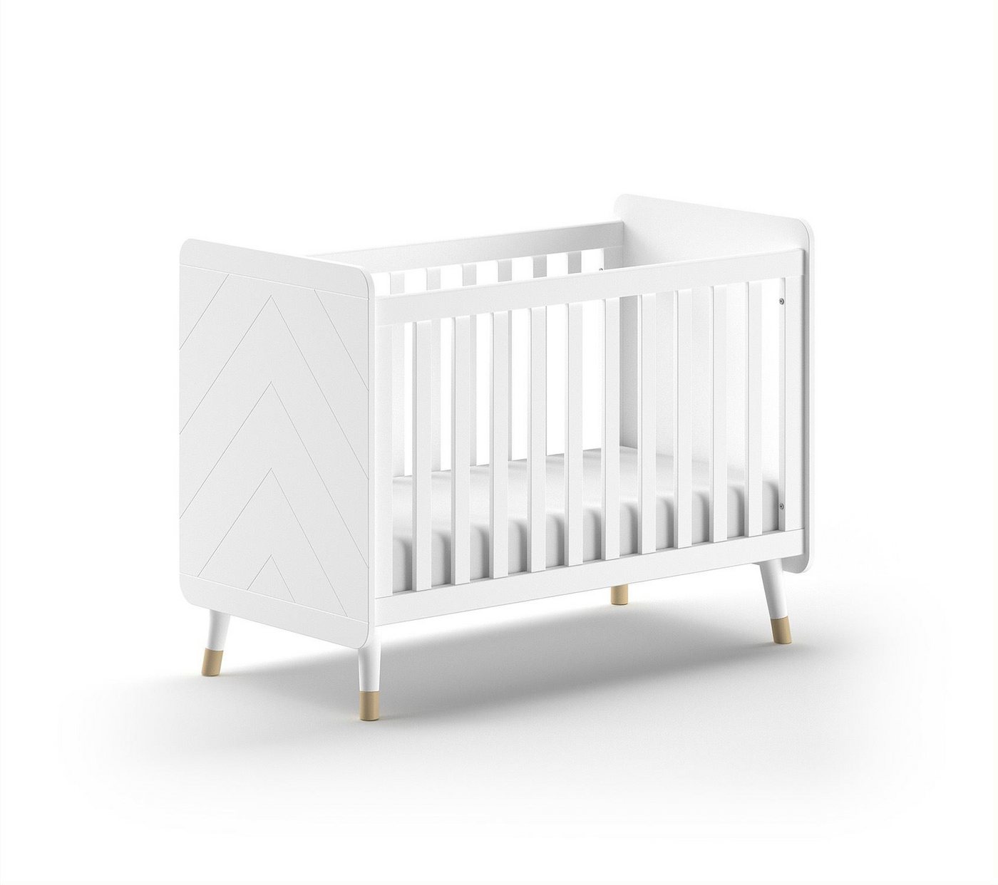 58 aufm Kessel Bettgestell Babybett Kamillah 124x68x96 Gitterbett Wiege Bettchen MDF Satin Weiß (inkl. Versand, Lieferung bis Verwendungsstelle), Liegefläche 60 x 120, höhenverstellbarer Lattenrost, Retro-Optik von 58 aufm Kessel