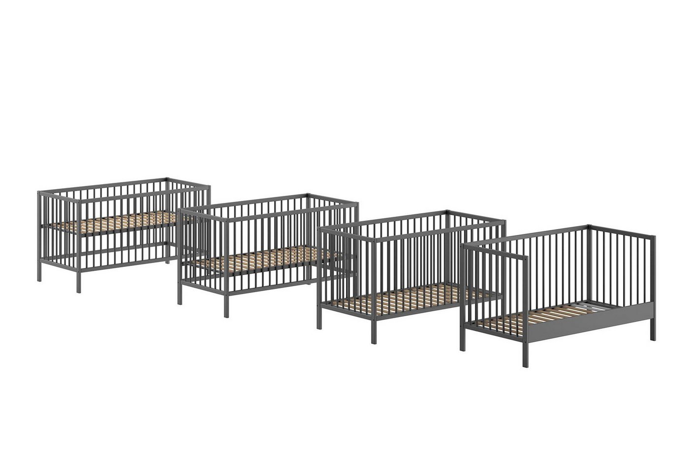 58 aufm Kessel Bettgestell Babybett Kara-lynn 144x76x84 Gitterbett Massivholz Buche Anthrazit (inkl. Versand, Lieferung bis Verwendungsstelle), Liegefläche 70 x 140, höhenverstellbarer Lattenrost, mit Umbauseite von 58 aufm Kessel