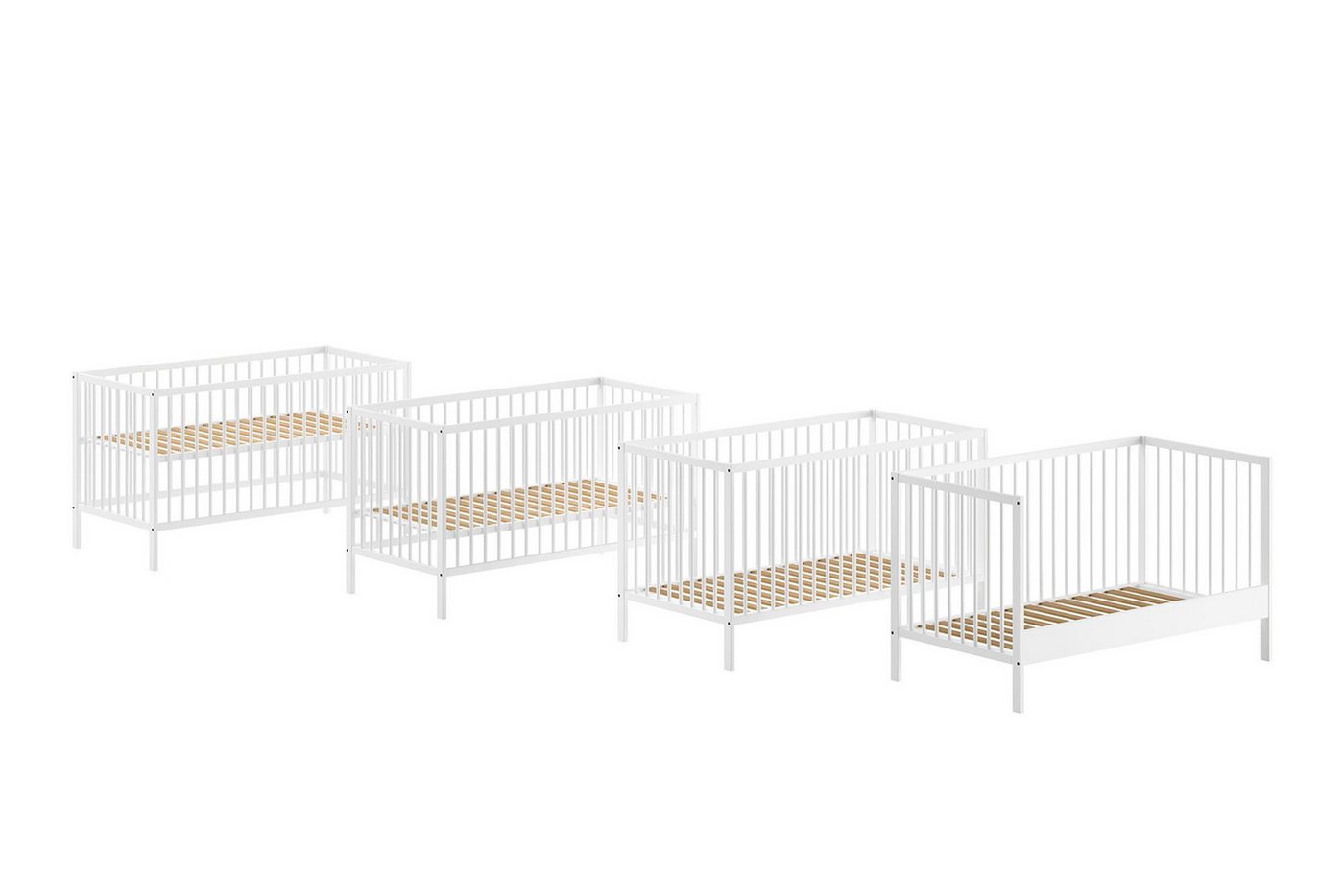 58 aufm Kessel Bettgestell Babybett Kara-lynn 144x76x84 Gitterbett Wiege Massivholz Buche Weiß (inkl. Versand, Lieferung bis Verwendungsstelle), Liegefläche 70 x 140, höhenverstellbarer Lattenrost, mit Umbauseite von 58 aufm Kessel