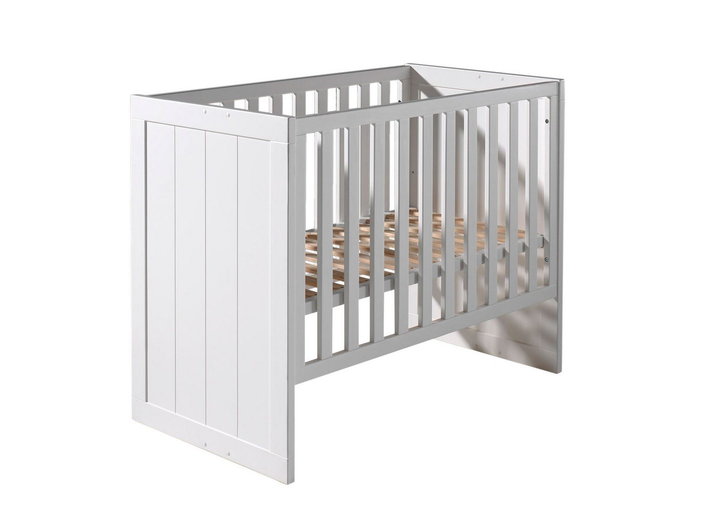 58 aufm Kessel Bettgestell Babybett Karalynn 127x68x90 Gitterbett Kinderbett MDF Weiß (inkl. Versand, Lieferung bis Verwendungsstelle), Liegefläche 60x120, Lattenrost 3-fach verstellbar, Rahmenoptik von 58 aufm Kessel