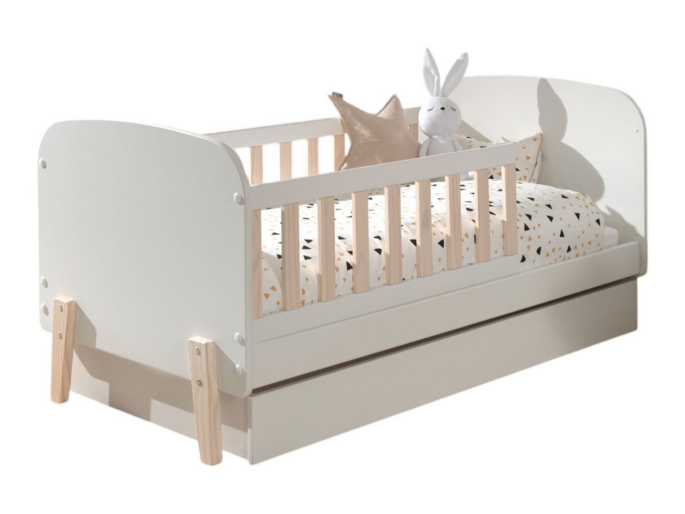 58 aufm Kessel Bettgestell Babybett Karilynn 147x77x68 Gitterbett MDF+Massivholz Weiß (inkl. Versand, Lieferung bis Verwendungsstelle), Liegefläche 70x140, inkl. Schublade, Gitter mit Sprossen von 58 aufm Kessel