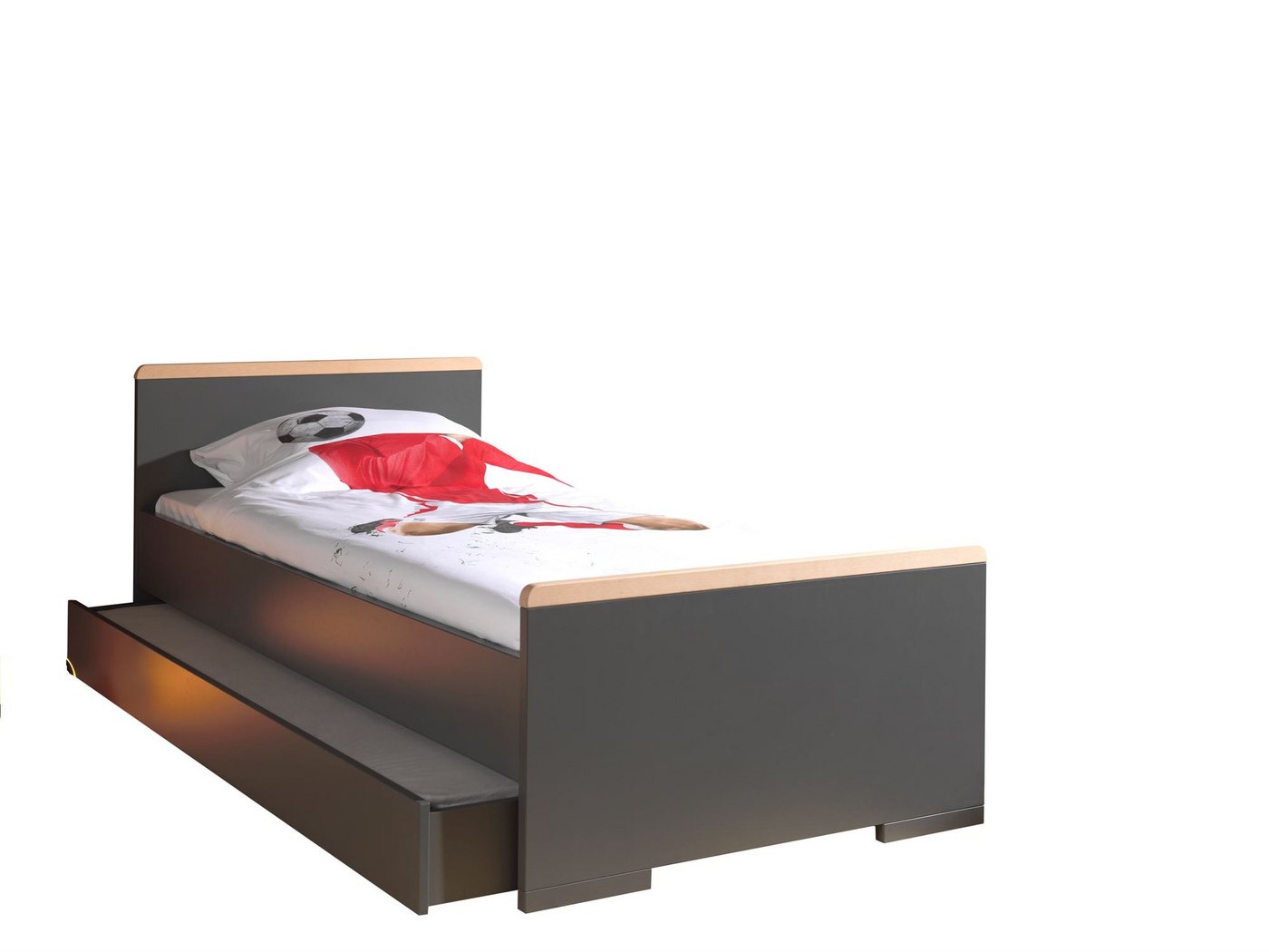 58 aufm Kessel Bettgestell Einzelbett Kariotta 205x97x76 Jugendbett Holzwerkstoff Anthrazit/Buche (inkl. Versand, Lieferung bis Verwendungsstelle), Liegefläche 90x200, Jugendbett mit Buchenakzenten und Bettschublade von 58 aufm Kessel