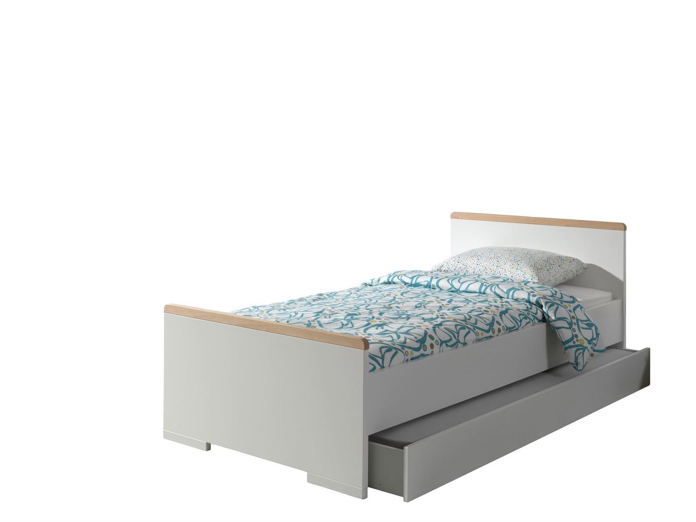 58 aufm Kessel Bettgestell Einzelbett Kariotta 205x97x76 Jugendbett Holzwerkstoff Weiß/Buche (inkl. Versand, Lieferung bis Verwendungsstelle), Liegefläche 90x200, Jugendbett mit Buchenakzenten und Bettschublade von 58 aufm Kessel