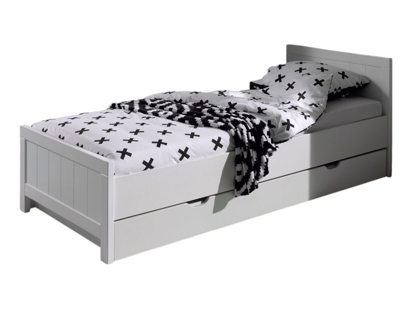 58 aufm Kessel Bettgestell Einzelbett mit Bettschublade Karalynn 207x96x77 Jugendbett MDF Weiß (inkl. Versand, Lieferung bis Verwendungsstelle), Liegefläche 90x200, geplankte Optik, Bettschublade mit Griffaussparung von 58 aufm Kessel